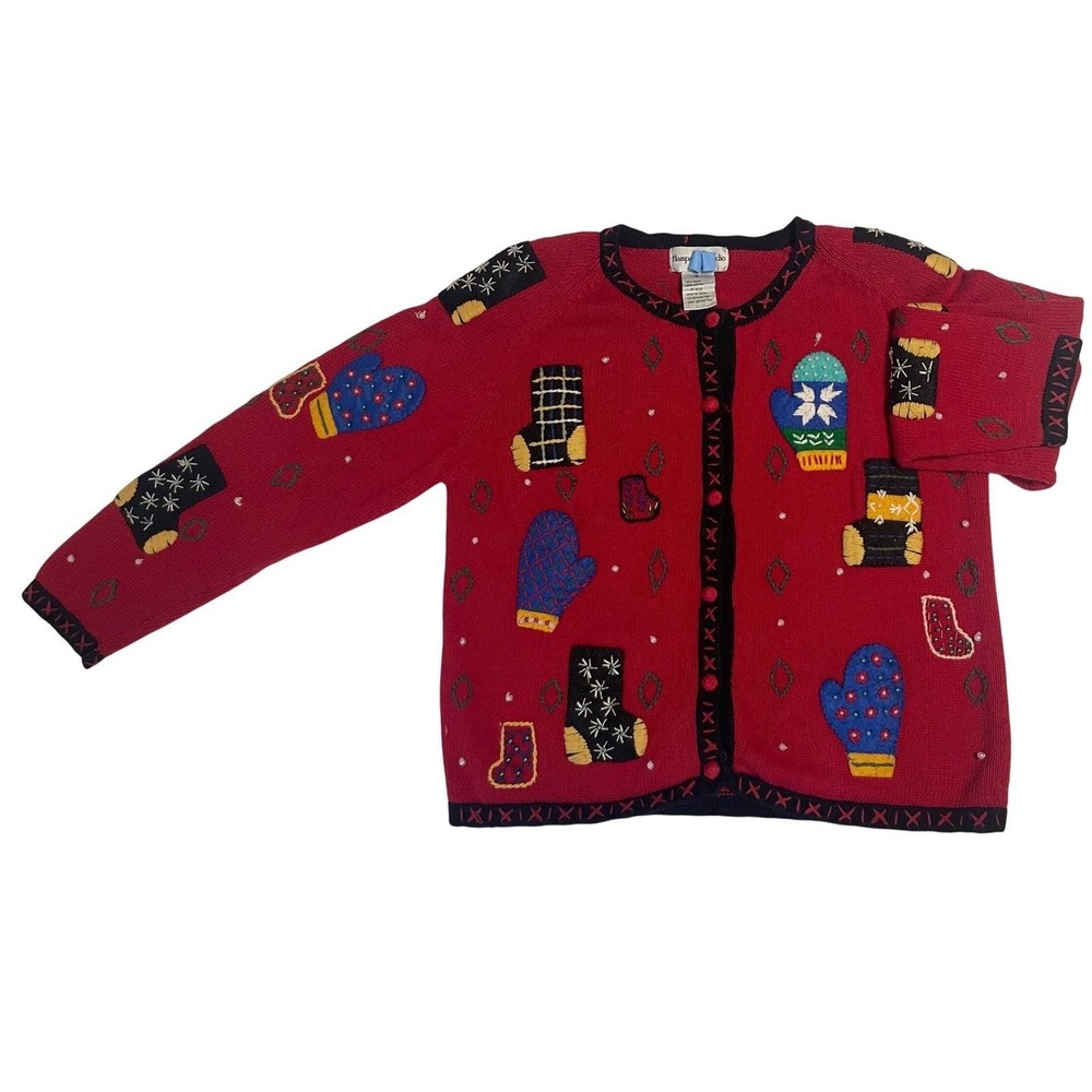 Hampshire Studio Womens Red Christmas Stocking Knit Cardigan Sweater Small VTG